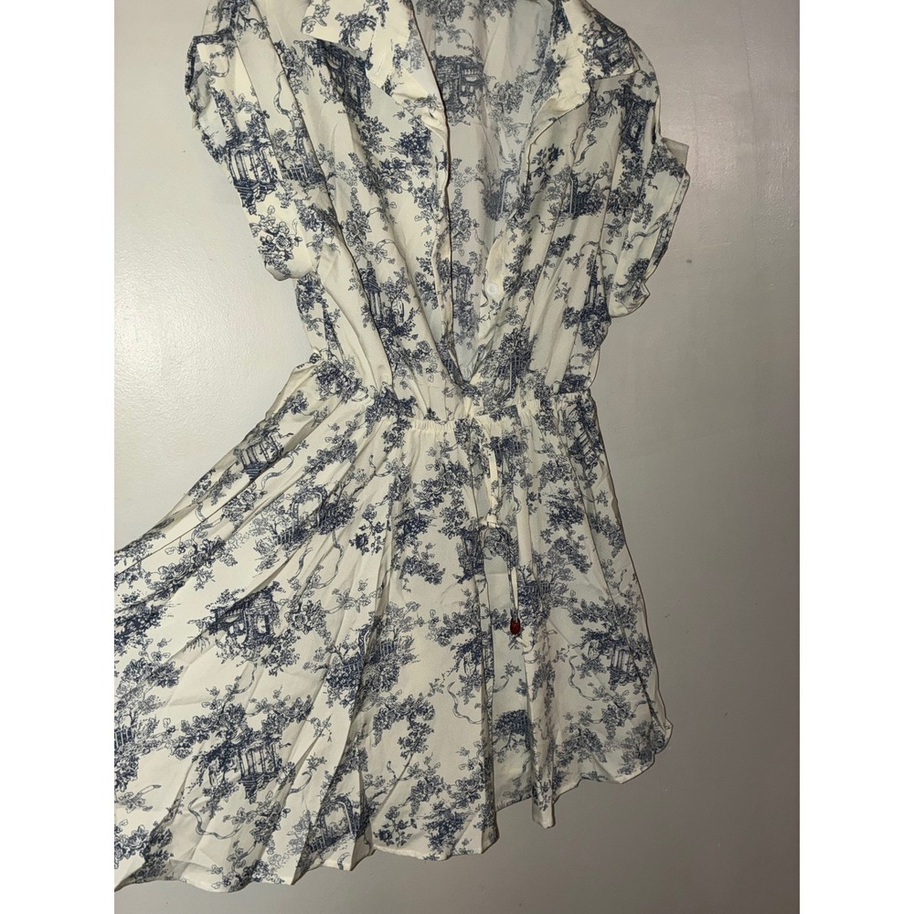 Romantic Shirt Dress Womens 6 M Blue White Toile Print Button Mini‎ Waist Tie - Picture 2 of 10